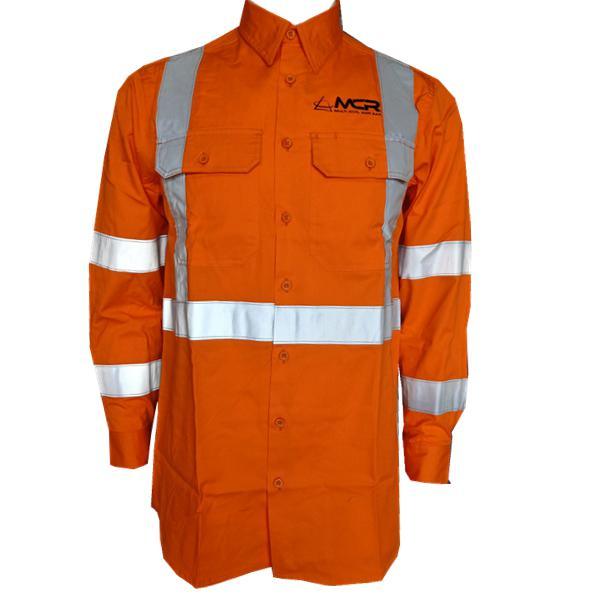 Hi Vis oranžová/námornícka modrá L/S dvojfarebná pracovná košeľa s dlhým rukávom 190 g