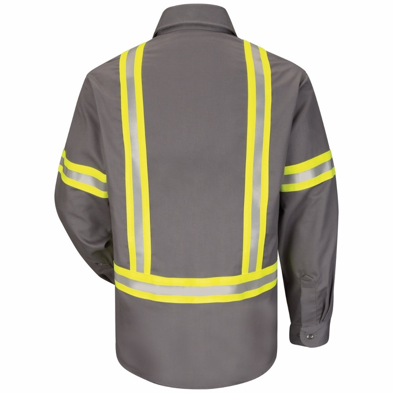 Hi Viz Uniforme de traballo de seguridade de protección con botóns, puños axustables, camisa de roupa de traballo con cintas reflectantes