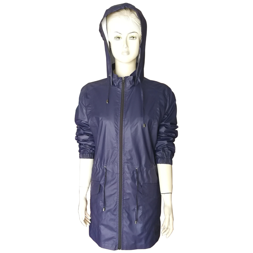 Довга куртка з поліуретанового дощу з капюшоном для жіночого вітрового пальто
