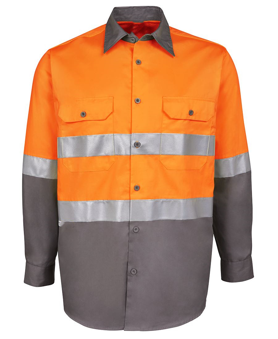 Hi Vis Orange/Navy blue L/S Long Sleeve 190G two tone Workwear Shirt Featured Image